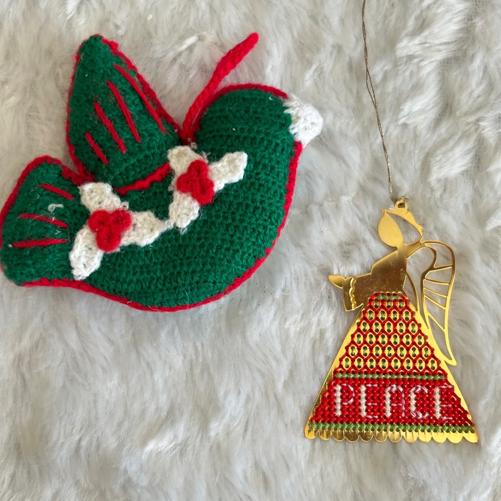 Vintage Needlepoint Christmas Ornaments Handmade 90s Retro Folk Art